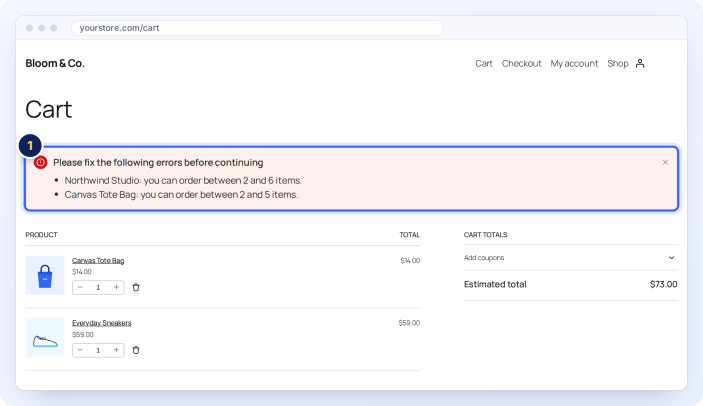 Cart page messages when the cart does not meet a product or vendor limit, with the checkout button hidden