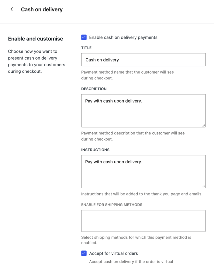 Cash on delivery settings for the checkout title, description, instructions, shipping methods, and virtual orders.