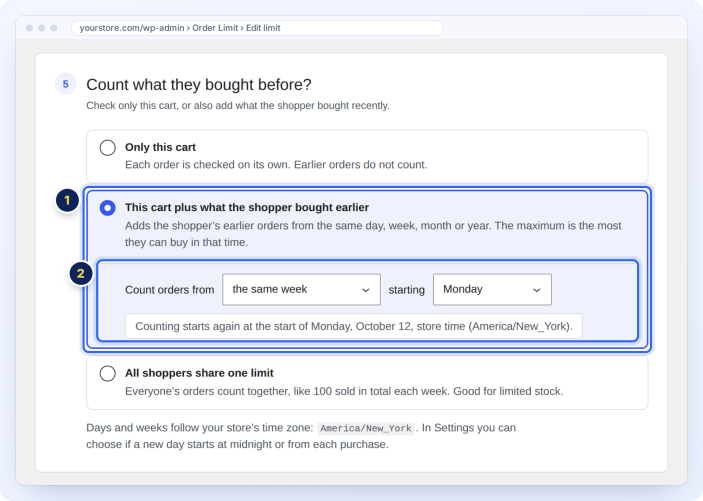 Limit how many items from a category each shopper can buy per week, counting earlier orders