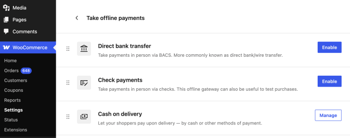Take offline payments with the Enable button beside Check payments.