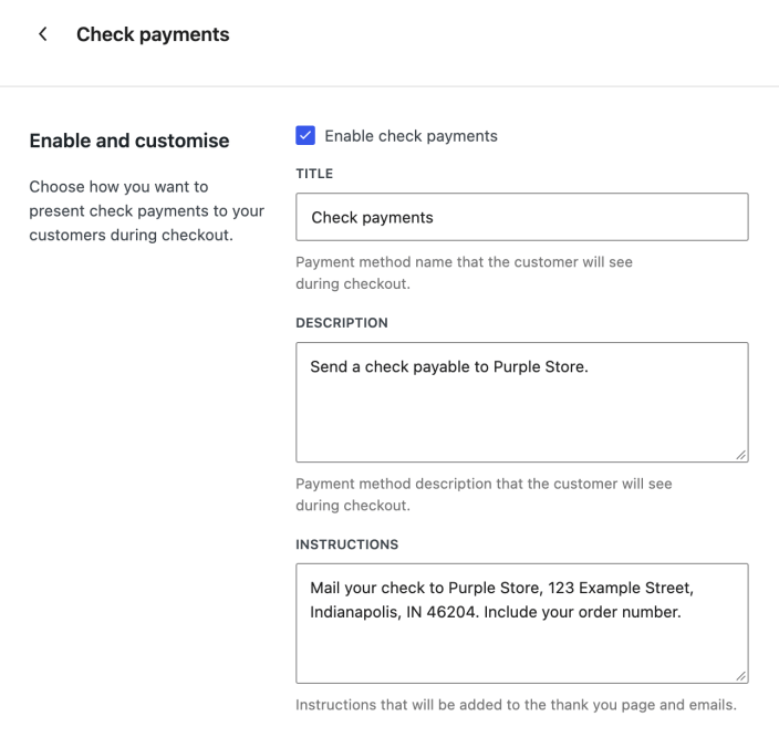Check payments enabled with a checkout title, payment description, and mailing instructions for a fictional store.
