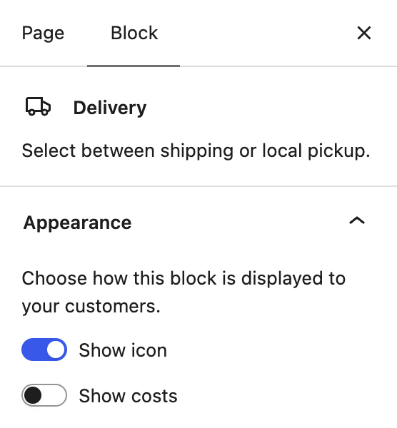 Delivery block Appearance settings with Show icon enabled and Show costs disabled.