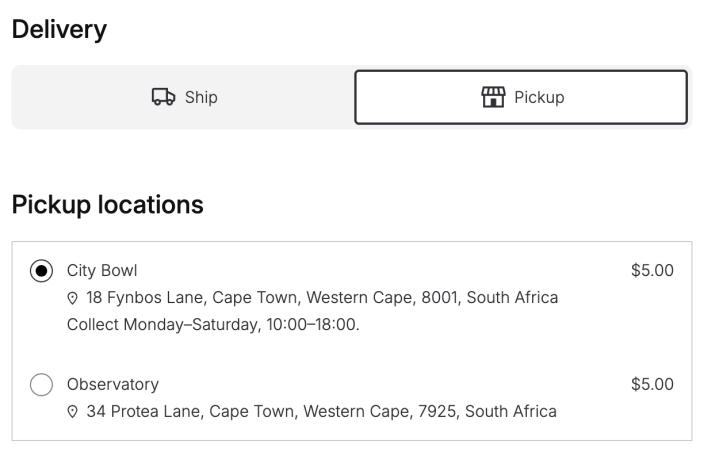 Pickup selected in Delivery, revealing City Bowl and Observatory locations in Cape Town with a 5 dollar pickup fee.