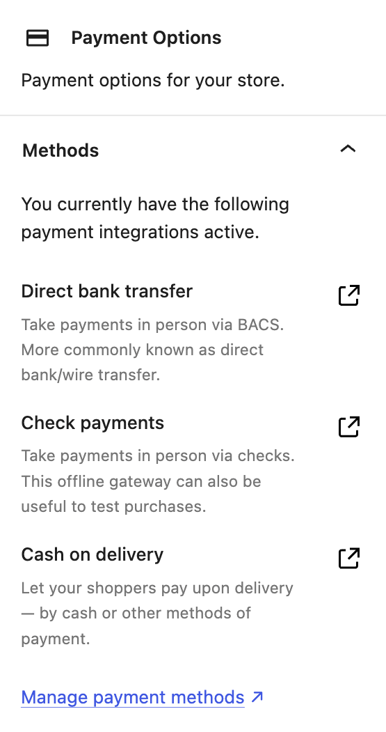 Payment Options block settings listing active methods and the Manage payment methods link.