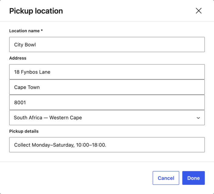 Pickup location details for the fictional City Bowl shop in Cape Town, including its address and collection hours.