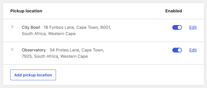 Enabled City Bowl and Observatory pickup locations in Cape Town, with the Add pickup location button.
