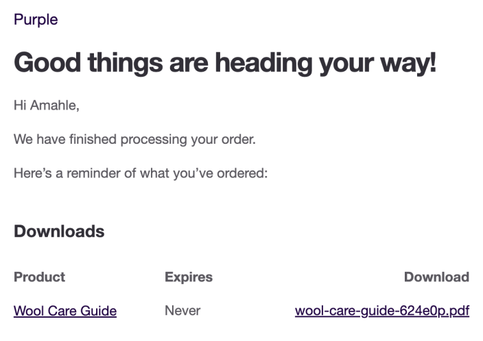 WooCommerce completed-order email showing the Wool Care Guide in a Downloads table with its expiry and file link.