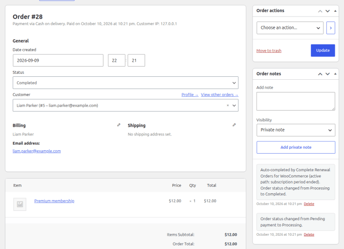 A subscription order with the Completed status and an order note reading "Auto-completed by Complete Renewal Orders for WooCommerce (active path: subscription period ended)."