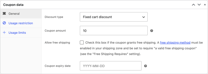 Coupon data General tab showing a fixed cart discount of 10, free shipping, and expiry date settings.