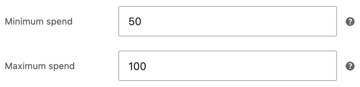 Coupon usage restriction fields with Minimum spend set to 50 and Maximum spend set to 100.