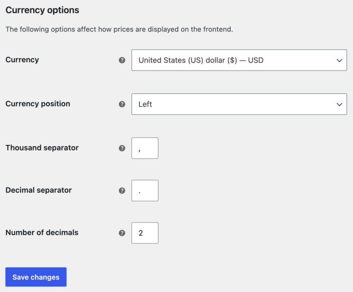 WooCommerce Currency options showing U.S. dollars, currency position, separators, decimal places, and Save changes.