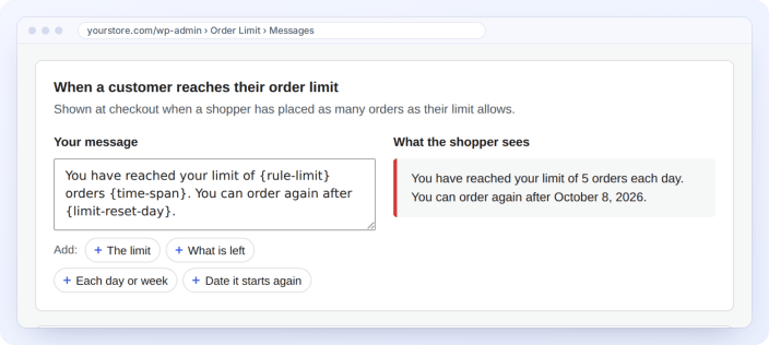 Messages for customer order and spending limits