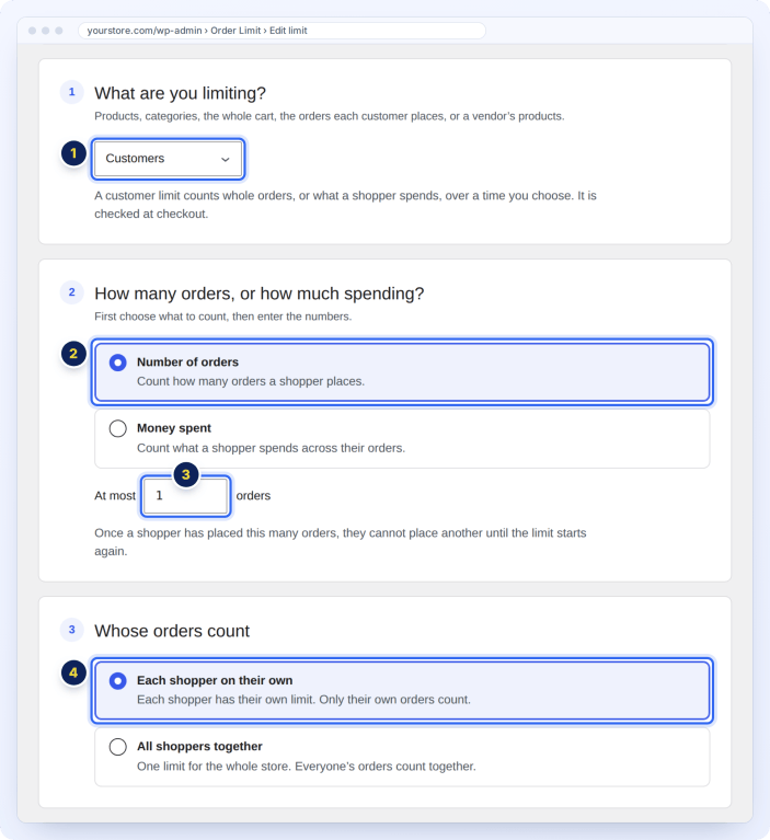 Limit WooCommerce orders per customer: each shopper can place at most 1 order