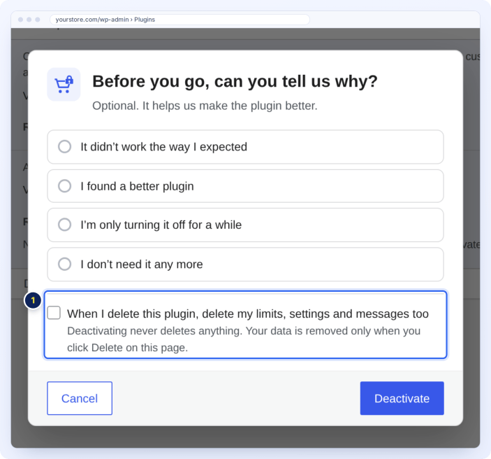 Deactivation window with the choice to delete limits, settings and messages when the plugin is deleted