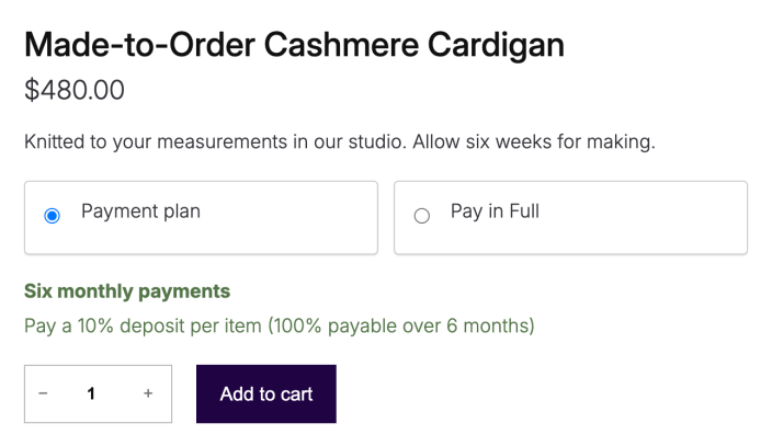 Product page with Payment plan and Pay in Full options, showing the Six monthly payments plan: a 10% deposit, with 100% payable over 6 months