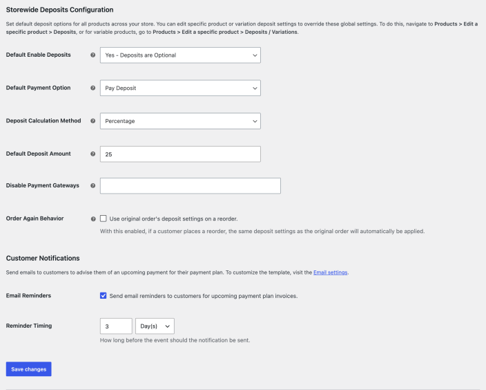 Storewide Deposits Configuration settings with deposits optional, Pay Deposit as the default option, a 25% percentage deposit, and payment plan reminder emails sent 3 days before each payment
