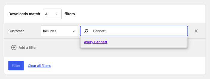 Downloads report Customer filter showing a search for Bennett and the registered customer Avery Bennett.