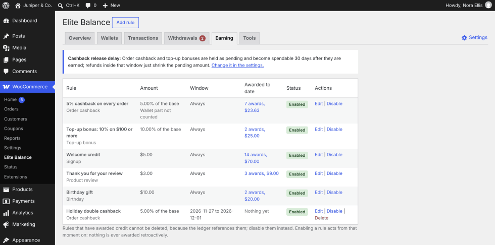 The Earning tab with six rules: 5% cashback on every order (Wallet part not counted), a 10% top-up bonus on $100 or more, a $5.00 welcome credit, a $3.00 review reward, a $10.00 birthday gift, and a holiday double cashback rule with a campaign window.