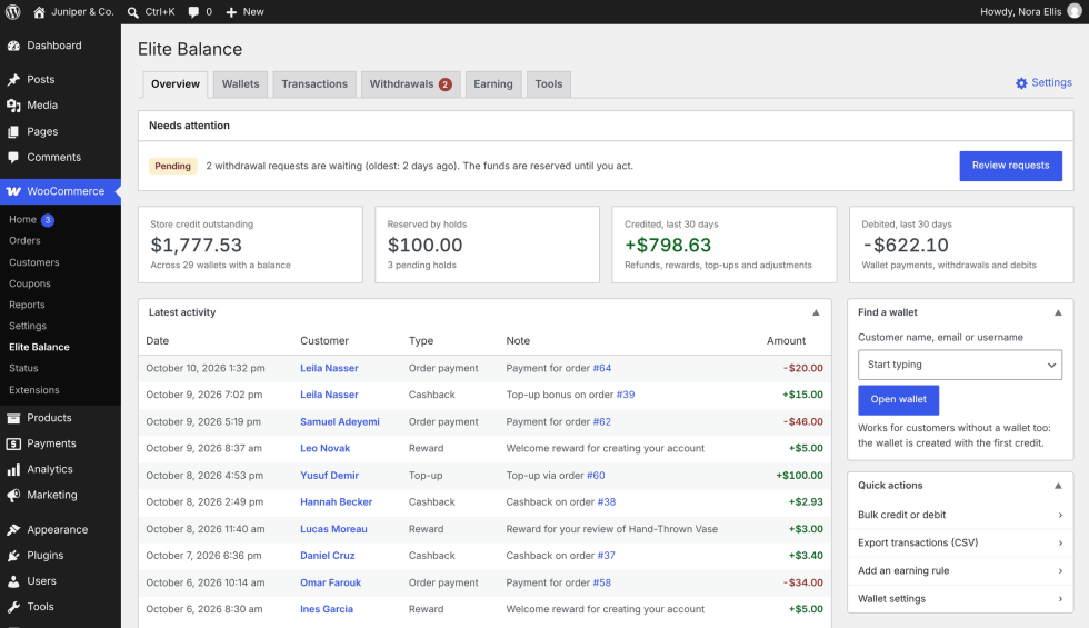 The Elite Balance Overview tab with the tabs Overview, Wallets, Transactions, Withdrawals, Earning and Tools, a Settings link on the right, a Needs attention item about pending withdrawals, four figure tiles, the Latest activity table, the Find a wallet search and Quick actions