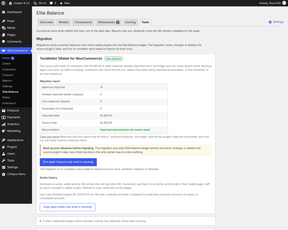 The Tools tab, Migration section: a TeraWallet card with a Data detected pill, a Migration report table (13 balances imported, 0 replays, 0 zero balances skipped, 0 anomalies, imported total and source total both $1,383.50, Reconciliation: Imported total matches the source total), a Run again button, and an Earlier history section with a Copy again button.