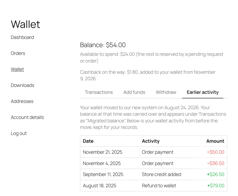 The Earlier activity tab: an introduction saying the wallet moved on August 24, 2026 and the balance appears under Transactions as Migrated balance, then a table of four older entries: two Order payment debits, a Store credit added credit and a Refund to wallet credit.
