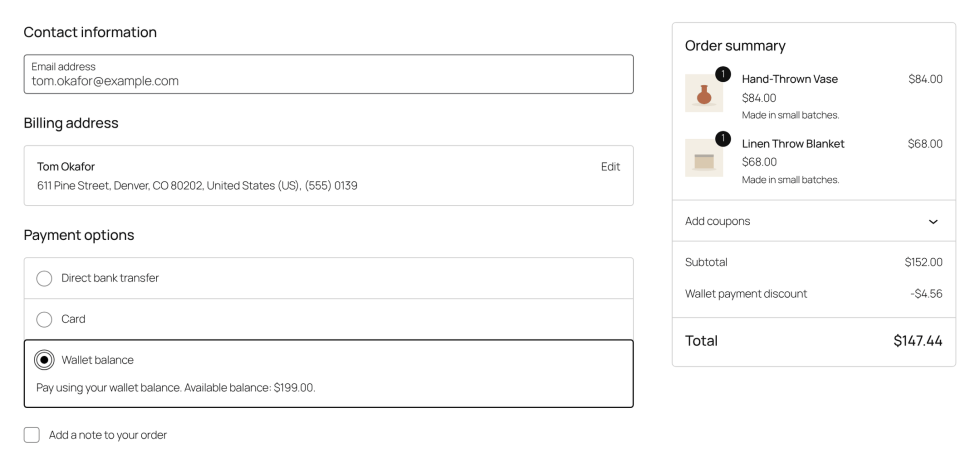 The Checkout block with three payment options: Direct bank transfer, Card, and Wallet balance selected, with the description Pay using your wallet balance. Available balance: $199.00. The order summary shows a Wallet payment discount line of -$4.56.
