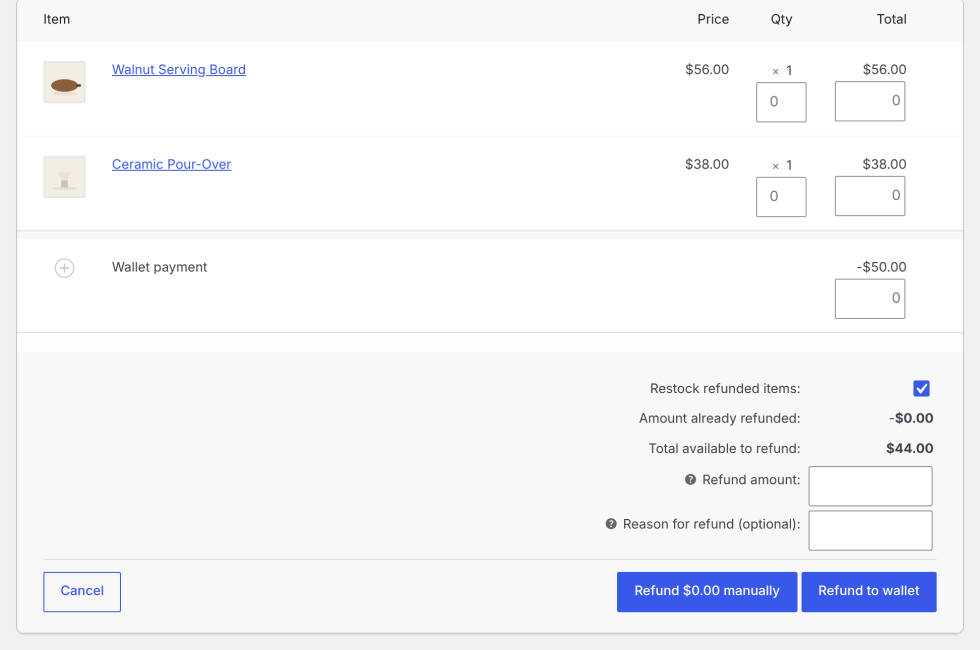 The WooCommerce refund panel on an order paid partly from the wallet, with the Refund to wallet button next to the manual refund button.