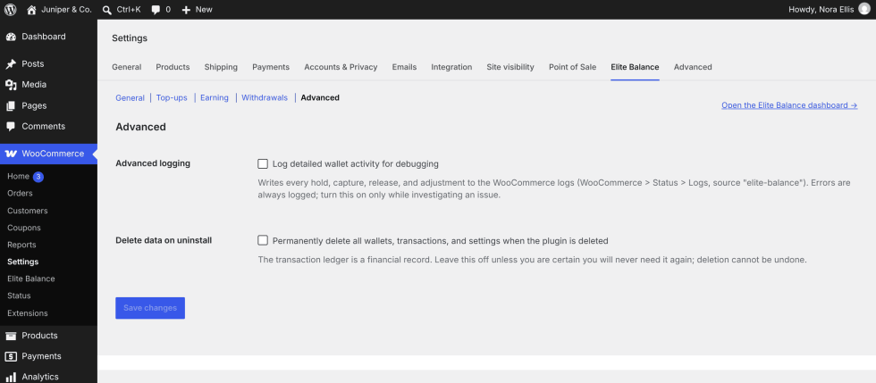 The Advanced section with the Advanced logging and Delete data on uninstall checkboxes, both unticked