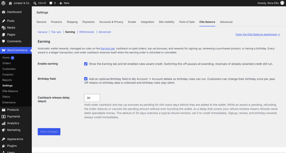 The Earning section with a link to the Earning tab, the Enable earning checkbox, the Birthday field checkbox and the Cashback release delay (days) field set to 30