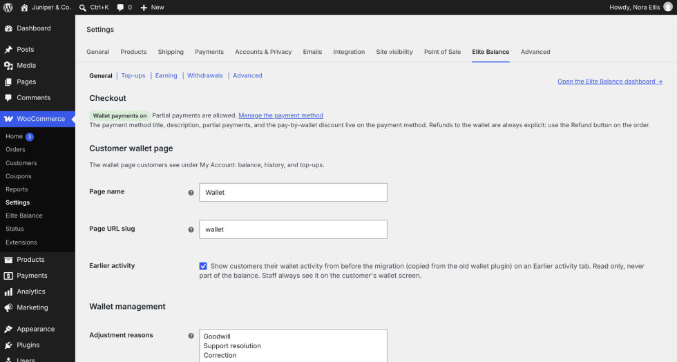 WooCommerce Settings, Elite Balance tab, General section: the Checkout status with Wallet payments on, then Customer wallet page with Page name set to Wallet, Page URL slug set to wallet, and the Earlier activity checkbox ticked.