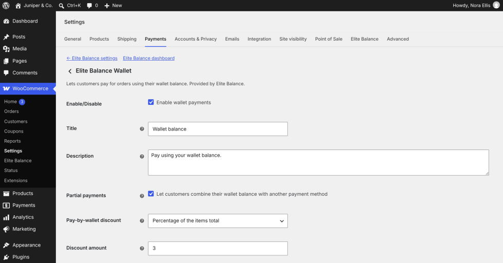The Elite Balance Wallet payment method screen with links back to the Elite Balance settings and dashboard, the Enable wallet payments and Partial payments checkboxes ticked, the Title Wallet balance, the Description Pay using your wallet balance, and the pay-by-wallet discount fields