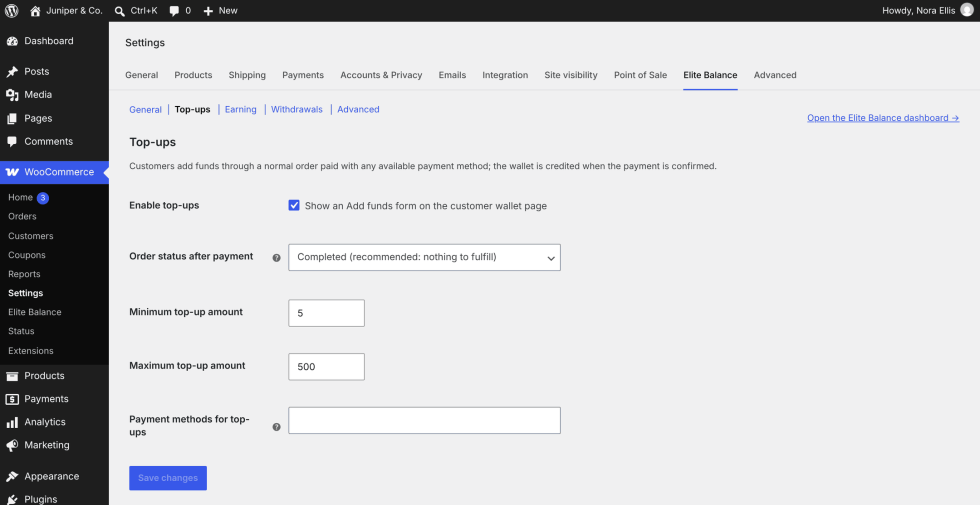 The Top-ups section with Enable top-ups ticked, Order status after payment set to Completed (recommended: nothing to fulfill), Minimum top-up amount 5, Maximum top-up amount 500 and an empty Payment methods for top-ups field