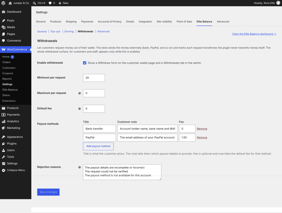 The Withdrawals section of the Elite Balance settings: the Enable withdrawals checkbox, minimum and maximum per request, default fee, the payout methods builder with Title, Customer note and Fee columns, and the rejection reasons list.
