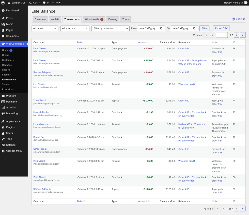 The Transactions tab with filters for type, source and customer, From and To dates, Filter and Export CSV buttons, pagination, and columns Customer, Date, Type, Amount, Balance after, Reference, Note and ID