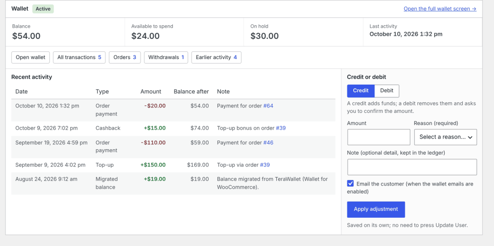 The Wallet card on the Edit user screen: an Active status pill, the four figures, quick links with counts, a Recent activity table of five transactions, and the Credit or debit form.