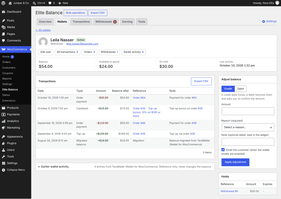 A customer's wallet screen: the customer's name with an Active status, quick links, the figures Balance, Available to spend, On hold and Last activity, the Transactions table with Export CSV, and on the right the Adjust balance form with Credit and Debit, Amount, Reason, Note, the Email the customer checkbox and Apply adjustment, plus the Holds box