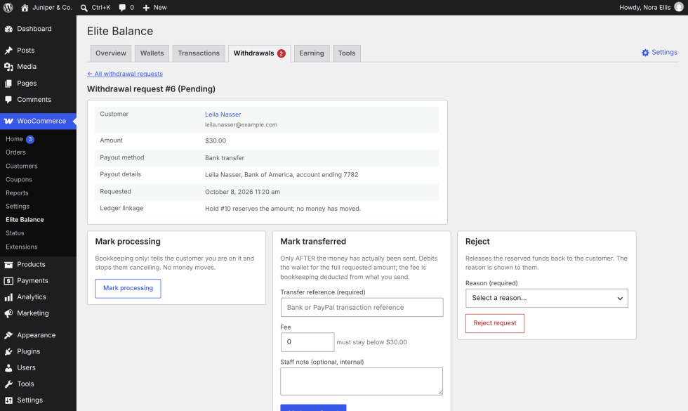 A withdrawal request's detail screen: the request details table above three boxes for Mark processing, Mark transferred (transfer reference, fee and staff note fields) and Reject (reason select).
