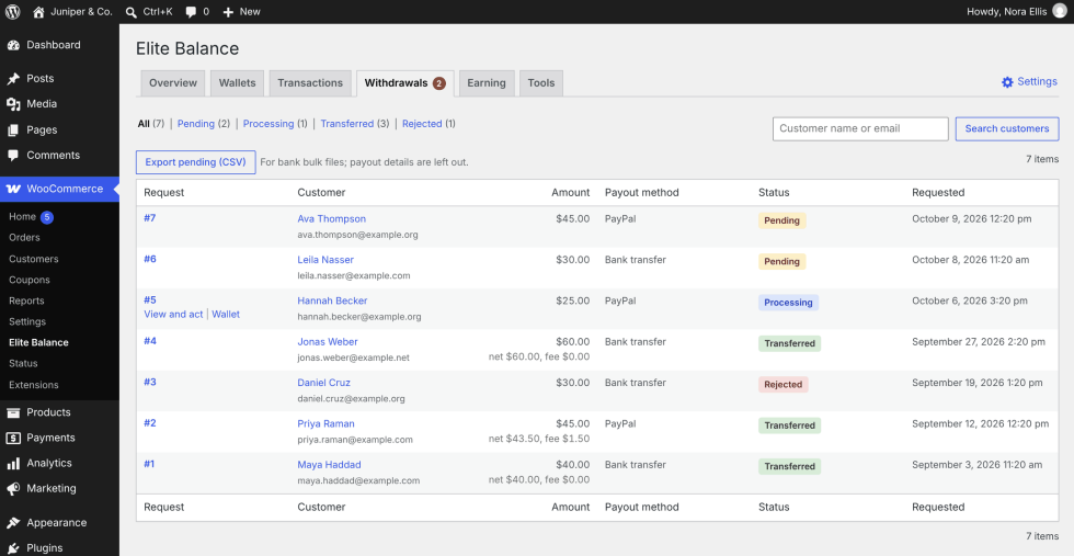 The Withdrawals tab with status views, an Export pending (CSV) button, a customer search box, and a table of seven requests showing request number, customer, amount, payout method, a colored status pill and the request date. Transferred rows show the net amount and fee under the amount.