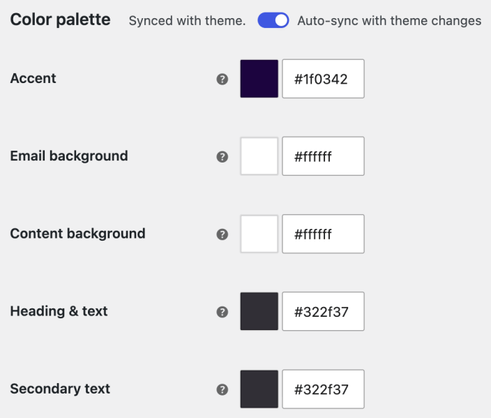 WooCommerce email color palette settings with automatic theme syncing and five color controls.