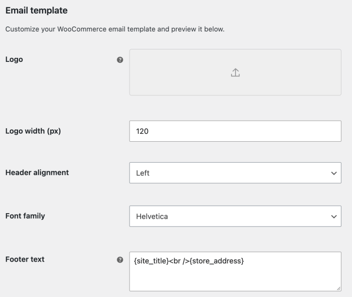 WooCommerce Email template settings for the logo, logo width, header alignment, font family, and footer text.