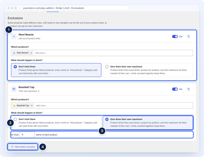Exclude products from order limits, like a gift card, or give a product its own maximum