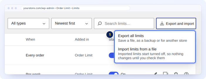 Export all order limits to a file, or import limits from another store