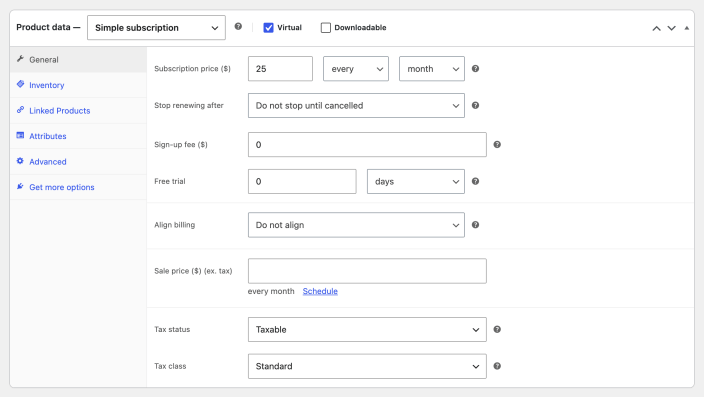 WooCommerce Product data panel with Simple subscription selected, a subscription price of 25 dollars every month, and Stop renewing after set to Do not stop until cancelled