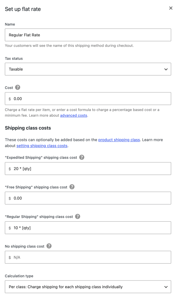 Flat rate setup with no base charge, free shipping for the Free Shipping class, and per-item costs of 20 dollars for Expedited Shipping and 10 dollars for Regular Shipping.