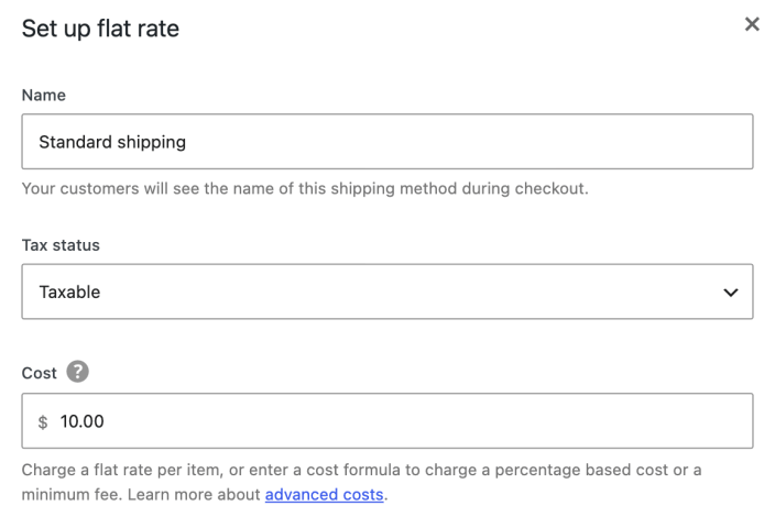 Flat rate setup with the name Standard shipping, Taxable status, and a cost of 10 dollars.