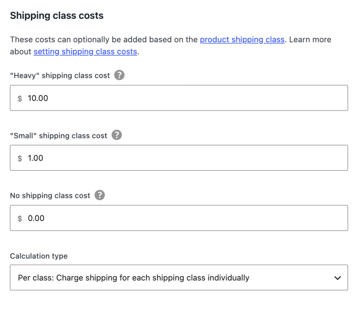 Shipping class costs set to 10 dollars for Heavy and 1 dollar for Small, calculated separately per class.