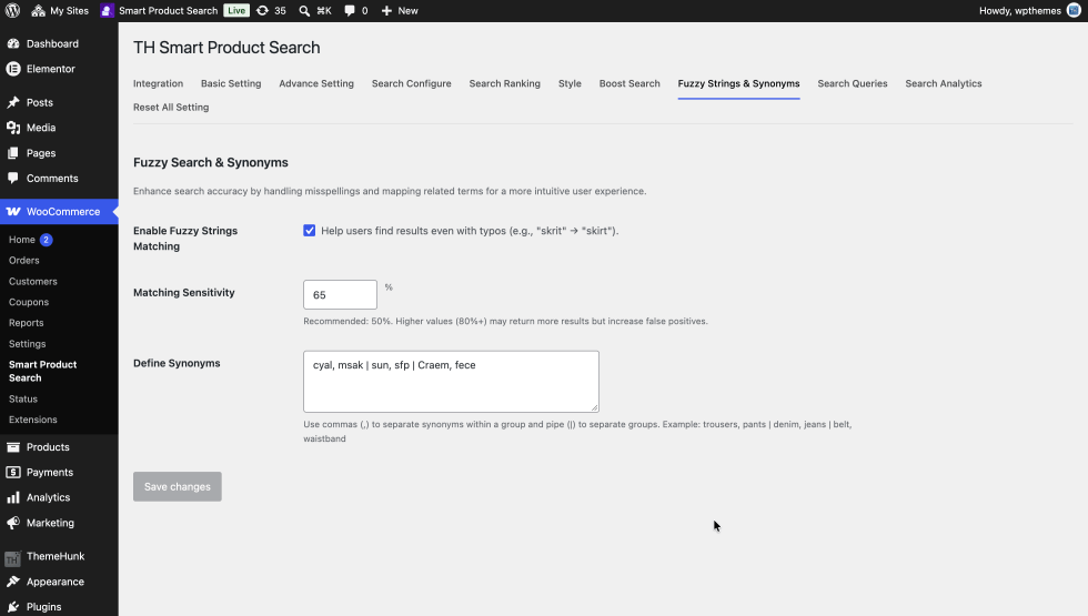 Fuzzy Strings and Synonyms tab with Enable Fuzzy Strings Matching, Matching Sensitivity and Define Synonyms fields.