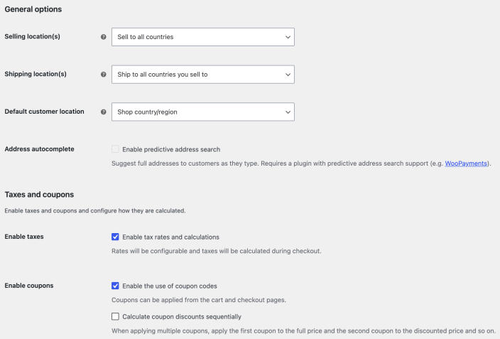 WooCommerce General settings showing selling, shipping, customer location, taxes, and coupon options.