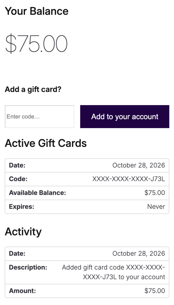 Mobile gift cards account showing a balance, an active card and recent activity.