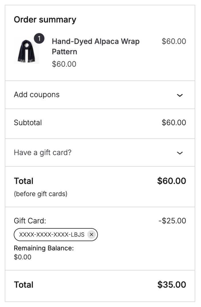 Checkout order summary showing a gift card applied and the amount remaining to pay.